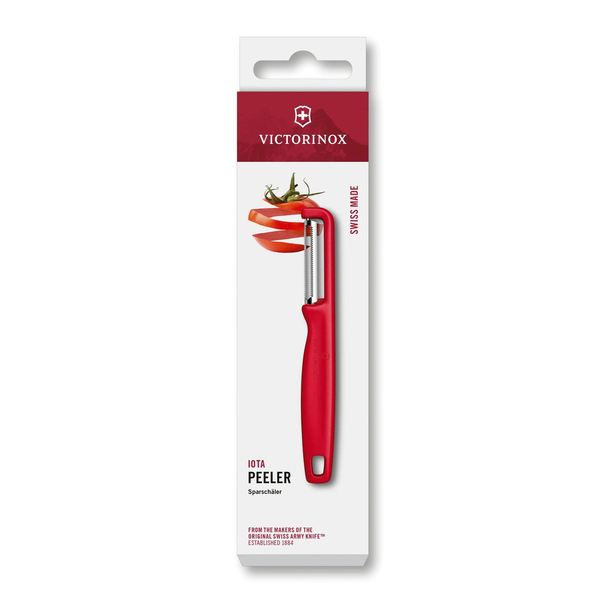 Victorinox Stabschäler mit gezackter Klinge, IOTA SPARSCHÄLER, ZACKENSCHLIFF, ZWEISCHNEIDIG, ROT, Rot